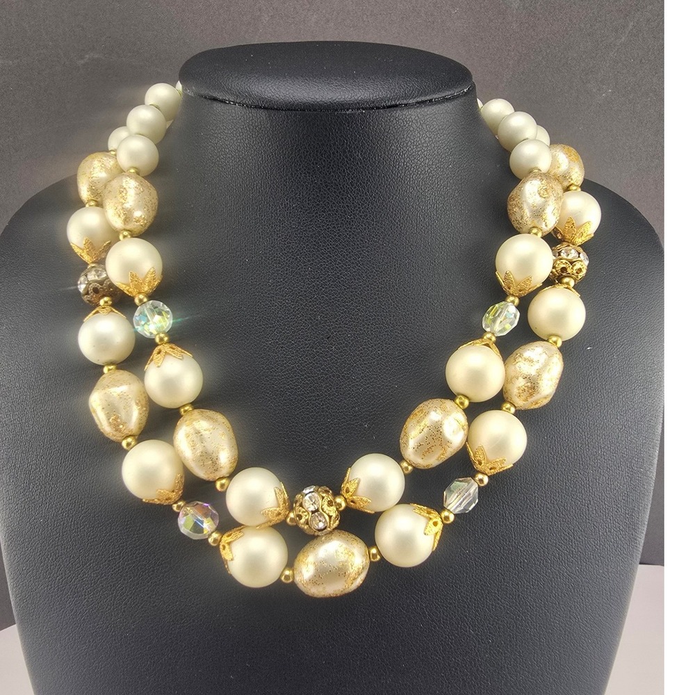 Vintage Deauville Necklace Cream Faux Pearl Gold Tone AB Crystal 14"